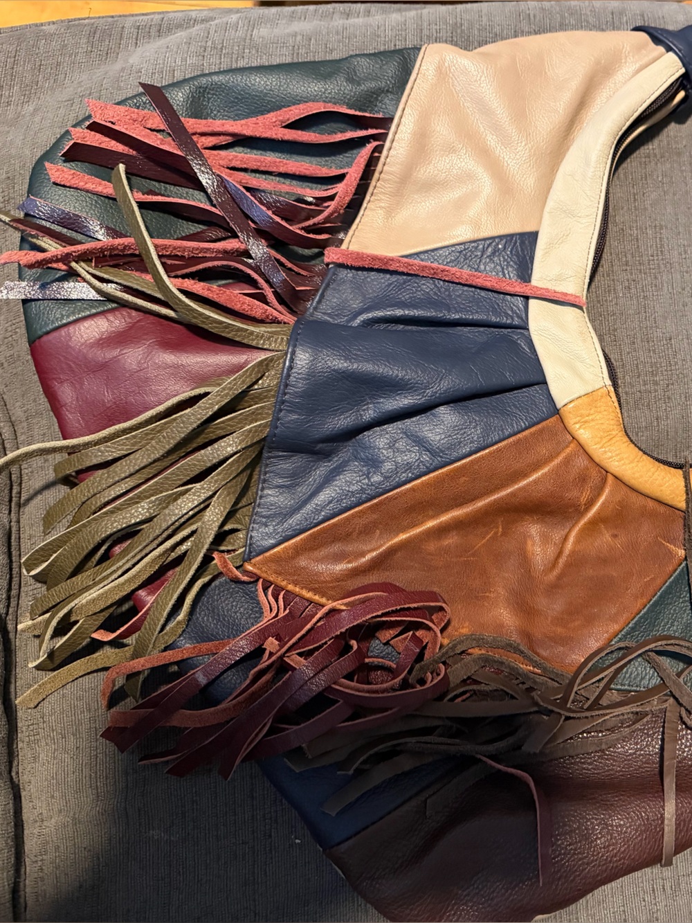VINTAGE Multi-Color Patchwork Leather Hobo Bag w/ fringe